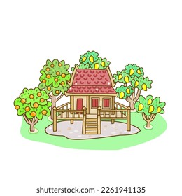 Cartoon Thai Tradition House on Background.