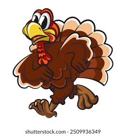 The cartoon thanksgiving character mascot of a turkey walking, work of handmade