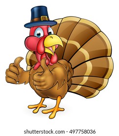 Cartoon Thanksgiving or Christmas turkey bird wearing a pilgrims hat and giving a thumbs up