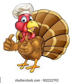 Cartoon Thanksgiving or Christmas turkey bird wearing a chef hat and giving a thumbs up