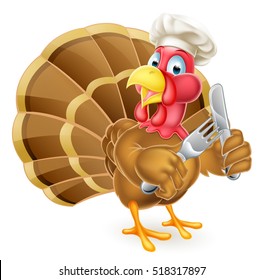 Cartoon Thanksgiving or Christmas turkey bird in a chef hat holding a knife and fork