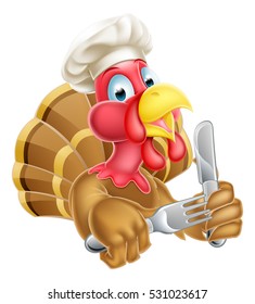 Cartoon Thanksgiving or Christmas turkey bird in a chef hat holding a knife and fork