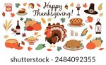 Cartoon thanksgiving day elements. Happy family autumn holiday, traditional food, harvest festival, pumpkins, turkey and pie, pilgrim hat and harvest, tidy vector isolated set