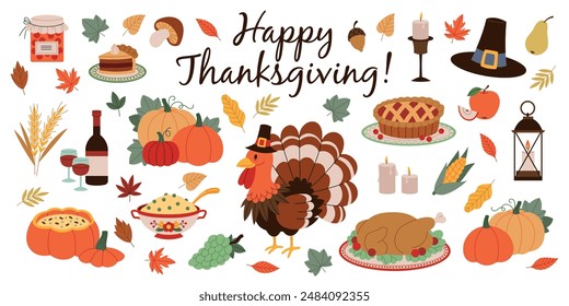 Cartoon thanksgiving day elements. Happy family autumn holiday, traditional food, harvest festival, pumpkins, turkey and pie, pilgrim hat and harvest, tidy vector isolated set