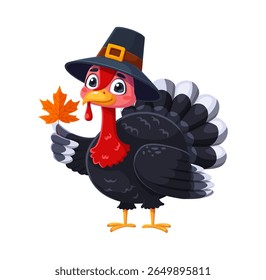 Cartoon Thanksgiving day turkey character in pilgrim hat holding maple leaf. Funny festive bird with black feathers, red wattle and bright eyes. Vector autumn symbol of harvest celebration
