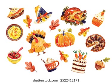 Cartoon thanksgiving day watercolor elements. Happy family autumn holiday, traditional food, harvest festival, pumpkins, turkey and pie, pilgrim hat and harvest, tidy vector isolated set