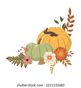 Cartoon Thanksgiving pumpkins, flowers and forest leaves corner frame arrangement. Isolated on white background. Seasonal harvest design for greeting or poster.