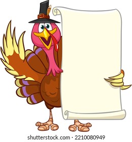 Cartoon Thanksgiving turkey bird with blank scroll with blank space for text. Vector illustration. Isolated on white.  Design element for banner, postcard, poster, package or decoration