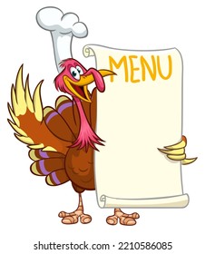 Cartoon Thanksgiving turkey bird with blank scroll with blank space for text or menu. Vector illustration. Design element for banner, postcard, poster, package or decoration