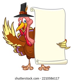 Cartoon Thanksgiving Truthahn Vogel mit Leerlauf mit Leerzeichen für Text oder Menü. Vektorgrafik. Design-Element für Banner, Postkarten, Poster, Verpackungen oder Dekoration