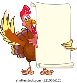 Cartoon Thanksgiving turkey bird with blank scroll with blank space for text. Vector illustration. Isolated on white.  Design element for banner, postcard, poster, package or decoration