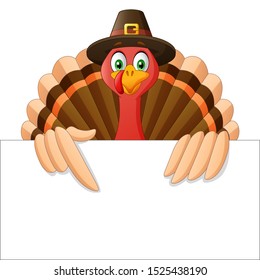 Cartoon Thanksgiving Turkey Bird Mascot Character Holding A Blank Sign. Vector Illustration
