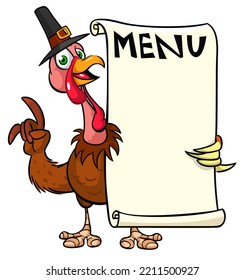 Cartoon thanksgiving turkey bird in pilgrim hat holding menu blank paper. Vector illustration isolated. Design for Thanksgiving Day outlined