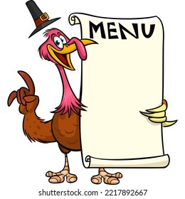 Cartoon Thanksgiving Turkey Bird In Pilgrim Hat Holding Menu Blank Paper.  Design For Thanksgiving Day 