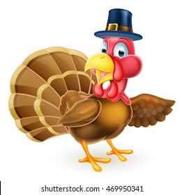 Cartoon Thanksgiving turkey bird in Pilgrim hat pointing with its wing