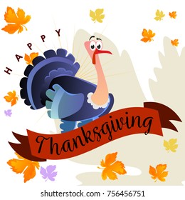 Cartoon thanksgiving turkey character, autumn holiday bird vector illustration happy greeting text on flyer or card on background with falling leaves