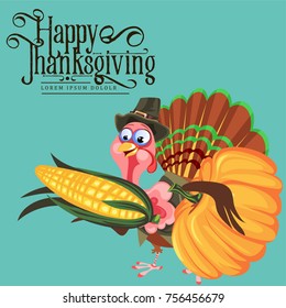 Cartoon thanksgiving turkey character in hat holding harvest, autumn holiday bird vector illustration happy greeting text on flyer or card on background