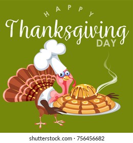Cartoon thanksgiving turkey character in hat, autumn holiday bird vector illustration happy greeting text on flyer or card on white background