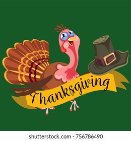 Cartoon thanksgiving turkey character in hat, autumn holiday bird vector illustration happy greeting text on flyer or card on white background