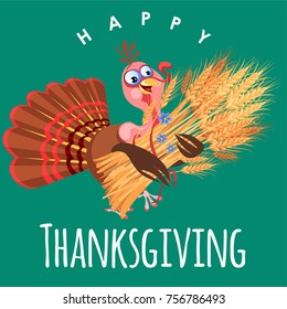 Cartoon thanksgiving turkey character in hat, autumn holiday bird vector illustration happy greeting text on flyer or card on white background