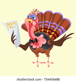 Cartoon thanksgiving turkey character holding menu, autumn holiday bird vector illustration happy greeting text on flyer or card on white background