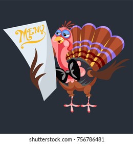 Cartoon thanksgiving turkey character holding menu, autumn holiday bird vector illustration happy greeting text on flyer or card on background