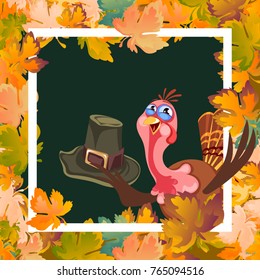 Cartoon thanksgiving turkey character holding hat, autumn holiday bird vector illustration happy greeting text on flyer or card on background