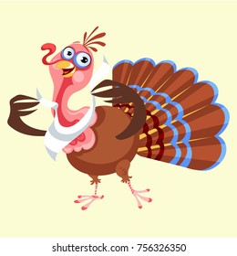 Cartoon thanksgiving turkey character in napkin, autumn holiday bird vector illustration happy greeting text on flyer or card on white background