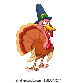 Cartoon  thanksgiving turkey character  wearing pilgrim hat outline. Vector illustration isolated. 