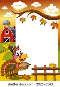 Cartoon thanksgiving turkey in countryside showing white blank vertical frame 