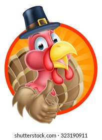 Cartoon thanksgiving turkey giving a thumbs up and wearing a pilgrim or puritan hat