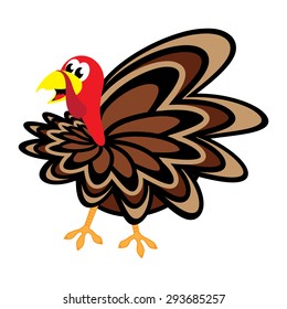 Cartoon Thanksgiving turkey on white background. Vector illustration.