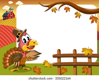 Cartoon thanksgiving turkey with pilgrim hat in countryside presenting showing or indicating white blank frame