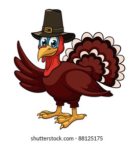 A cartoon thanksgiving turkey in a pilgrim hat on white background