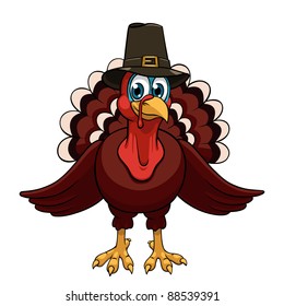 A cartoon thanksgiving turkey in a pilgrim hat on white background