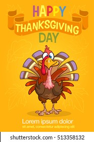 Cartoon Thanksgiving turkey poster. Vector Thanksgiving invitation