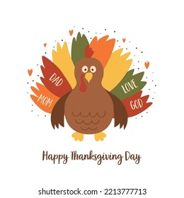 Cartoon Thanksgiving turkey vector illustration. Cute isolated graphic element for Happy Thanksgiving day decor. Hand drawn turkey character. Dad, mom, love god card. Greeting banner. Turkey for kids.