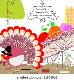 Cartoon Thanksgiving Turkey wearing a Pilgrim hat and barrow with harvest