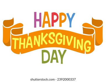 Cartoon thanksgiving typography with leaves and ribbon. Design for Thanksgiving Day 