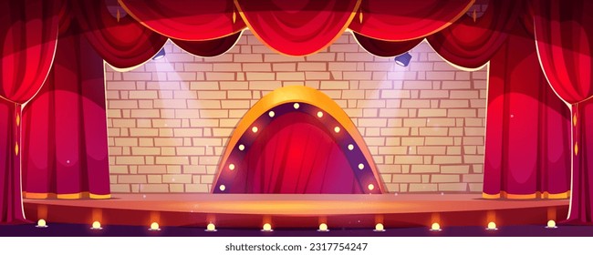 Cartoon theater concert stage with red curtain and spotlight vector background. Music or movie podium in empty cinema. 2d opera play scenery . School comedy performance showtime platform illustration