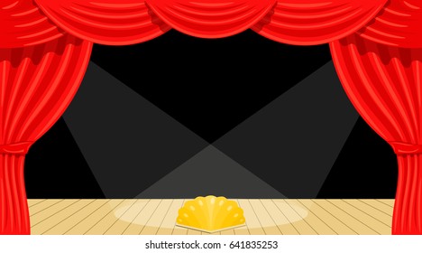 Cartoon theater. Theater curtain, Beams of searchlights and scene. Spectacle. Red silk side scenes on stage. Stock vector