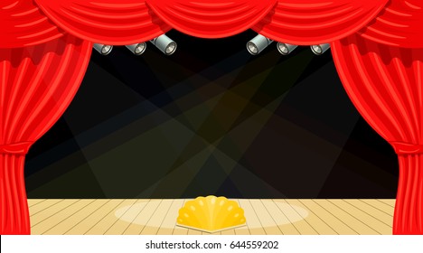 Cartoon theater. Theater curtain, Beams of searchlights. Spectacle. Red silk side scenes on stage. Stock vector