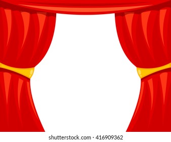 Cartoon theater. Theater curtain on a white background. The scene of the theater, the 
spectacle. Red silk side scenes on stage. Stock vector