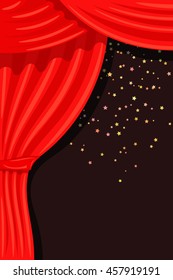 Cartoon theater with open curtain and rays of spotlights, falling stars. Color illustration. Stock vector illustration