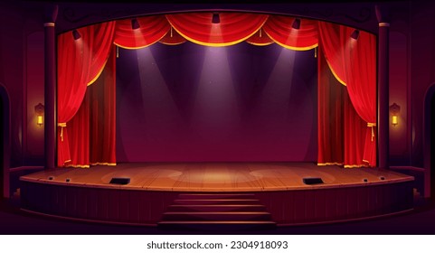 Cartoon theater stage with red curtains, spotlights, and wooden floor. Vector theatre interior, empty scene with luxury velvet drapes and decoration. Music hall, opera, drama performance background