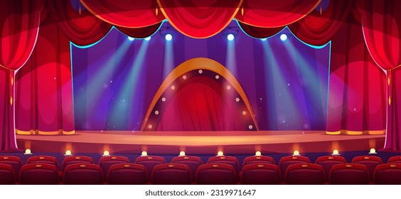 Cartoon theater stage with red curtains, spotlights and rows of empty seats. Vector illustration of concert hall interior, wooden scene with velvet drapes illuminated with floodlights. Night show