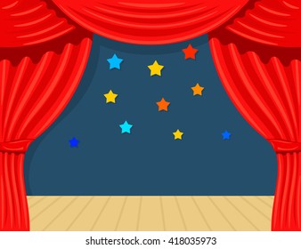Cartoon theater with star. Theater curtain on a white background. The scene of the theater, the spectacle. Red silk side scenes on stage. Stock vector