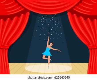 Cartoon theater. A theatrical curtain with searchlights of rays, stars and a ballerina. Young dancing ballerina on stage. Vector illustration