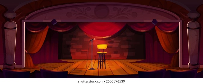 Cartoon theatre stage for comedy stand up comic or singer concert performance. Vector showtime and contest scene with red open velvet curtain and spotlight, stool chair and microphone on wooden floor.