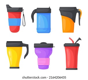 Cartoon Thermo Mug. Bring Thermal Tumbler Reusable Flask Coffee Tea Save Warm Water On Travel Nature, Thermos Cup With Straw Lid Cover, Insulation Tumblr, Neat Vector Illustration Of Thermal Mugs